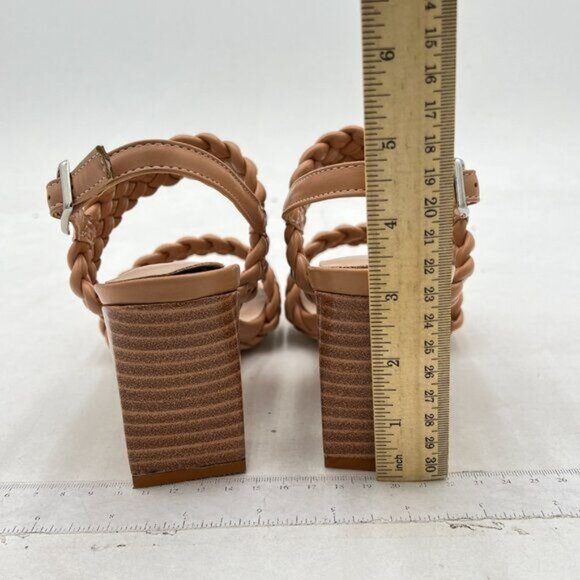 Miss Left Brown Braided Wide Strap Open Toe Slingback Sandal Chunky Heel Shoes - Picture 5 of 8